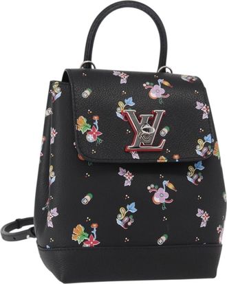Louis Vuitton Lockme Backpack Floral Printed Leather Black Leather Backpack Bag (Pre-Owned)