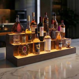 Matteo LED Lighted 3-Tier Bar Bottle Display Shelf - App & Remote - Walnut