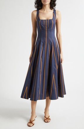 Staud Wells Stripe Stretch Cotton Poplin Midi Dress in Twilight Stripe at Nordstrom, Size 00