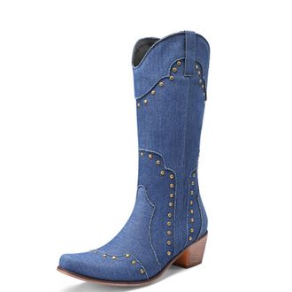 Generic Womens Western Cowboy Boots Mid-Calf PU Leather Denim Material Metal Stud Detail Pointed Toe Low Block Heels Stylish Comfortable Non-Slip Durable Desi