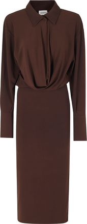 Andamane Brown Lilia Deep V-Neck Buttoned Collar Midi Dress