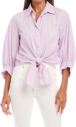 Karen Kane Stripe Blouson Sleeve Embellished Tie-Front Top In Pink