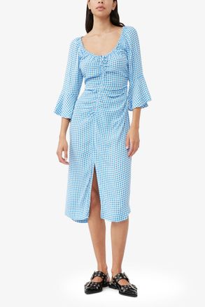 Ganni Blue Printed Crepe Gathered U-neck Midi Dress - Size 32 Viscose