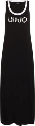 Liu Jo Lange jersey jurk van viscose met logo print - Dames - Maxi kleedjes - Zwart - XS - Kleedjes