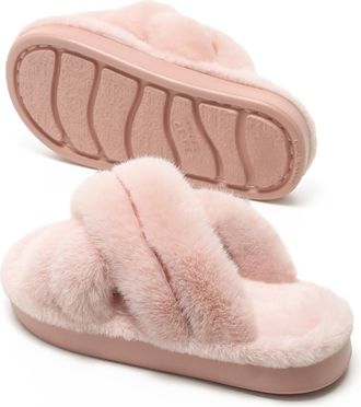 Generic Womens Winter Fuzzy Cross-Band Slippers, Memory Foam Cushioned Indoor Outdoor House Shoes, Non-Slip Warm Platform Slides,Pink,7.5 UK