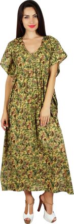 Bimba Women Long Printed Maxi Kaftan Cotton Night Wear Caftan Gown Coverup Green