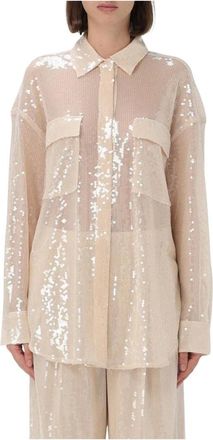 HUGO BOSS Overhemden, Dames, Beige, L, Pailletten, Zwarte Pailletten Doorschijnende Boss Shirt