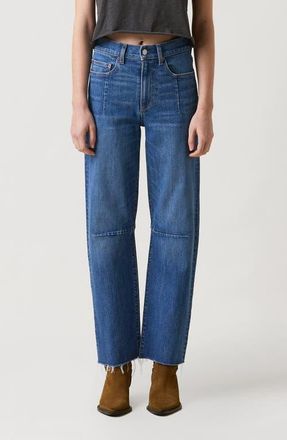LE JEAN Pixie Raw Hem Barrel Jeans in Bohemian Blue at Nordstrom, Size 30