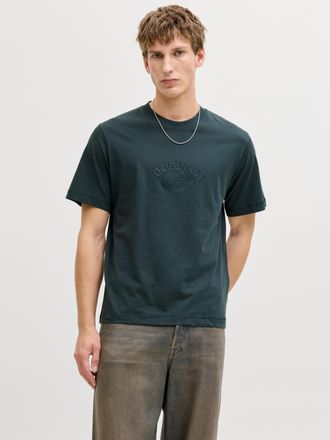 Jack & Jones T-Shirt JACK & JONES JORBLEECKER BRANDING TEE SS CN, Herren, Gr. XL, forest river detail:org, Jersey, Obermaterial: 100% Baumwolle, unifarben, relaxed