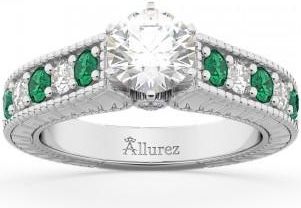 Allurez Vintage Diamond & Emerald Engagement Ring 14k White Gold (1.23ct)