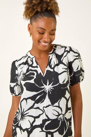 Roman Floral Mono Print V-Neck Top