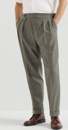 Brunello Cucinelli Virgin wool flannel trousers with double pleats and waist tabs in Military at Nordstrom, Size 52