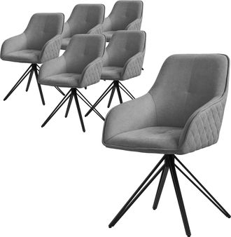 ML Design Ml-design - Set 6x Silla De Comedor Giratoria Con Respaldo Y Reposabrazos Asiento Gris De Tela Tejida Tapizado Con Patas De Metal Sill&oacute;n Dise&ntilde;o Ergon&oacute;