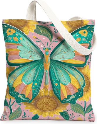 Generic Butterfly Floral Canvas Tote Bags, Elegant Sunflower Design Reusable Grocery Bags, Summer Lightweight Washable Shoulder Str, Peach, 13x15 Inch