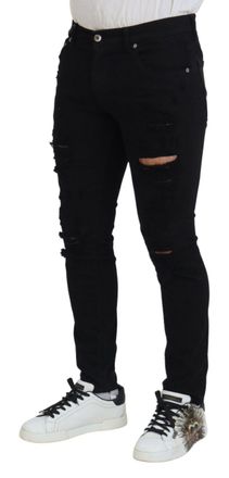 Dolce & Gabbana Mens Black Slim Fit Tattered Denim Cotton Jeans Clothing