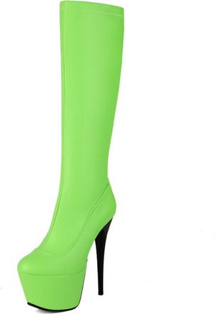 Generic Womens Sexy High Heel Platform Long Boots Round Toe Knee High Boots PU Leather Party Prom Shoes with Side Zipper,Green,3.5 UK
