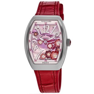 Franck Muller Vanguard Limited Edition Lady Peony Color Dreams 32mm Red Mother of Pearl Dial Leather Strap Womens Watch V 32 QZ MOP RG AC RG