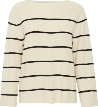Ichi Gestreepte Gebreide Trui Amandel Melk Zwart - Dames - Ronde hals truien - Beige - S - Truien & Vesten
