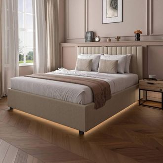 X Rocker Maisie Velvet Upholstered Ottoman Bed with Storage & LED Lights in Beige | Size: Double