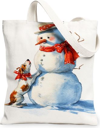 Generic Dog Snow Man Canvas Tote Bags, Cute Winter Scene Reusable Bags, Fanciful Holiday Lightweight Washable Shoulder Strap for Travel Beach Picnic 13x15 Inc