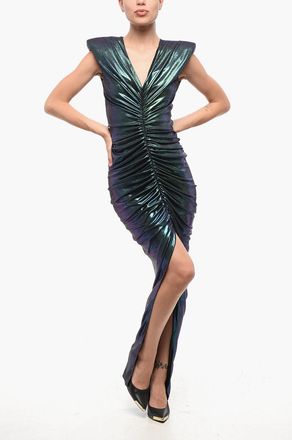 Balmain Long Draped Dress with Iridescent Effect and Front Slit Balmain