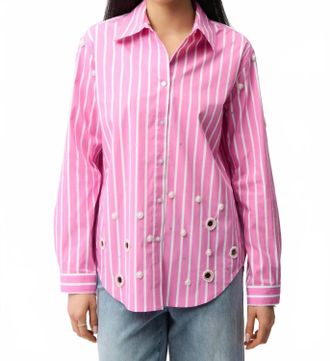 Joseph Ribkoff Stripe Print Boxy Blouse With Rhinestones In Pink Sherbet/vanilla