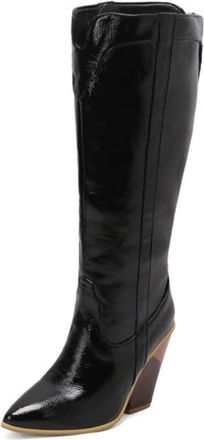 Generic Womens Knee High Western Cowboy Boot Pointed Toe Chunky Heel Cushioned Insole Durable Upper Non Slip Outsole Retro Party Daily Streetwear,Black,8.5 UK
