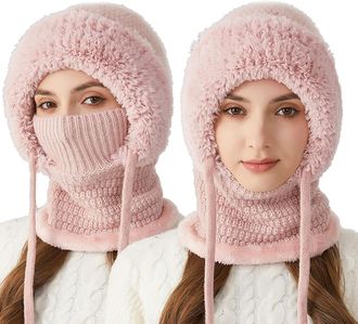 Generic 3 in 1 Beanie Hat for Women, New 3-in-1 Cold Resistant with Scarf & Mask, Hooded Piece Windproof Warm Snow Cap (UK, Alpha, One Size, Pink)