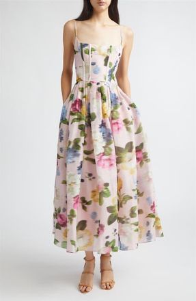 Carolina Herrera Chin&eacute; Floral Print Linen & Silk Corset Midi Dress in Rosewater Multi at Nordstrom, Size 10