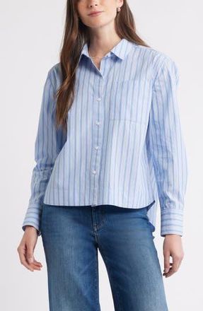Caslon Long Sleeve Drop Hem Button-Up Shirt in Blue- White Windy Stripe at Nordstrom Rack, Size Large