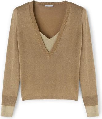 Motivi Lurex Trui met Inzetstukken - Dames - V-hals truien - Beige - S - Polyester - Truien & Vesten