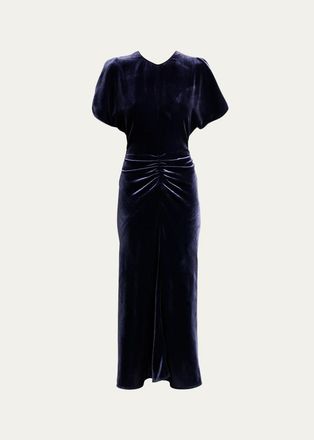 Victoria Beckham Bela Ruched Velvet Midi Dress