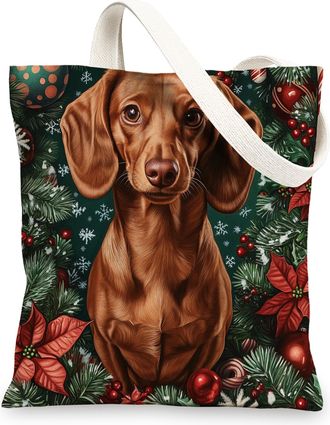 Generic Christmas Dachshund Dog Canvas Tote Bag for Shopping 13x15, Xmas Candy Poinsettia Puppy Reusable Grocery Print Bag for Women, Holiday Pet Beach Aesthe