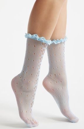High Heel Jungle Mimi Satin Ruffle Lace Crew Socks in Blue at Nordstrom
