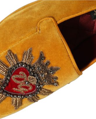 Dolce & Gabbana Mens Velvet Heart-Embroidered Flat Yellow Leather