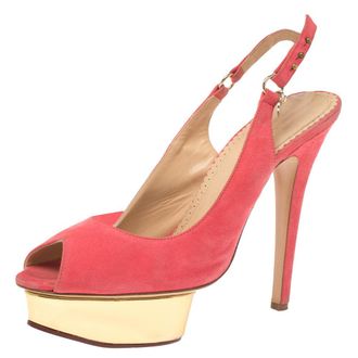 Charlotte Olympia Pink Suede Slingback Peep Toe Platform Sandals