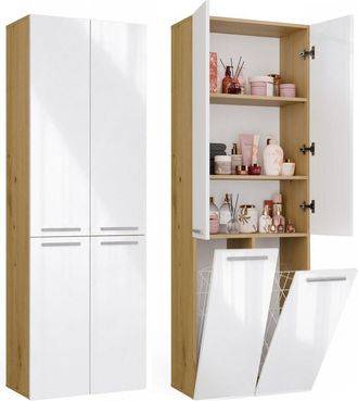 Topeshop Nel 2k Dd Mueble De Ba&ntilde;o - 3 Estantes, 2 Cesto De La Ropa - 60x174x30 Cm - Roble Artisan Blanco Brillante