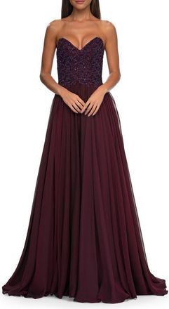 La Femme Chiffon Gown with High Slit and Strapless Lace Top in Garnet at Nordstrom, Size 10