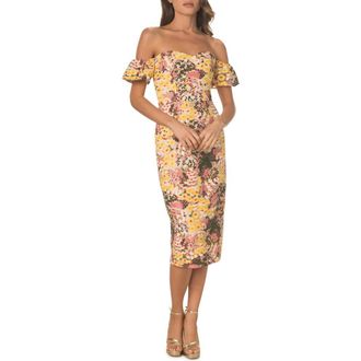Dress The Population Tara Off the Shoulder Midi Dress in Blush Multi at Nordstrom Rack, Size Small