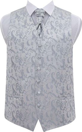 DQT Woven Floral Passion Wedding Waistcoat & Scrunchie Cravat Set for Men - Silver 50-5XL