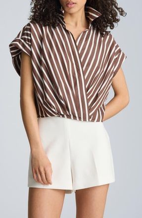 Kenneth Cole Pleated Crossover Cotton Top in Brunette /Pure White at Nordstrom, Size X-Small