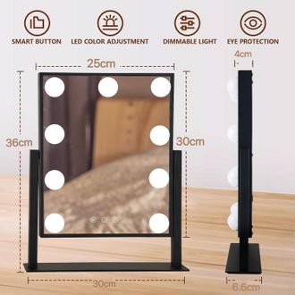 OEM Espejo De Maquillaje Con Luces, Espejo De Mesa De 25x30 Cm, 3 Modos De Iluminaci&oacute;n Ajustables Mediante Sensor T&aacute;ctil, Marco De Metal, Negro