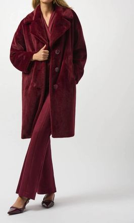 Joseph Ribkoff Faux Fur Straight Coat In Merlot