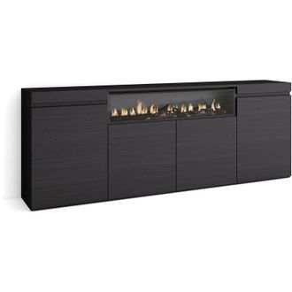 Skraut Home Aparadores Para Sal&oacute;n, Gran Capacidad De Almacenaje, 200x75x35cm, 4 Puertas, Chimenea El&eacute;ctrica, Estilo Moderno, Negro - Skraut Home