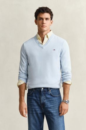GANT Men Classic Cotton V-Neck Sweater (XXXL) FRESH BLUE