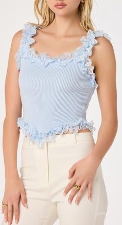ASTR the Label Amity Ruffle Lace Rib Tank in Light Blue at Nordstrom, Size X-Small