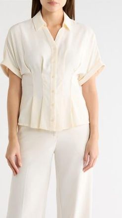 Adrianna Papell Pleated Waist Short Sleeve Button-Up Shirt in Vanilla Cream at Nordstrom Rack, Size X-Small