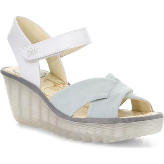FLY London Yorg Ankle Strap Platform Wedge Sandal in Skyblue/White at Nordstrom, Size 10-10.5Us