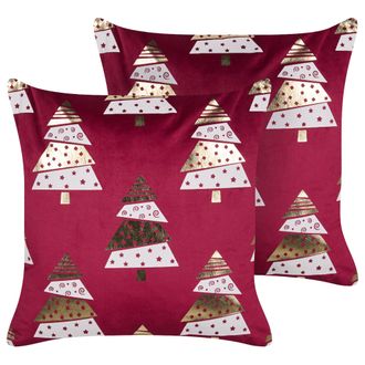 Beliani Conjunto De 2 Cojines De Terciopelo &Aacute;rboles De Navidad De Estampado 45 X 45 Cm Con Relleno Fundas Extra&iacute;bles Rojo Goldspruce