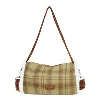 Generic Cymwer Autumn Plaid Crossbody Bag Cylindrical Bag with Zipper Closure for Women (Green)